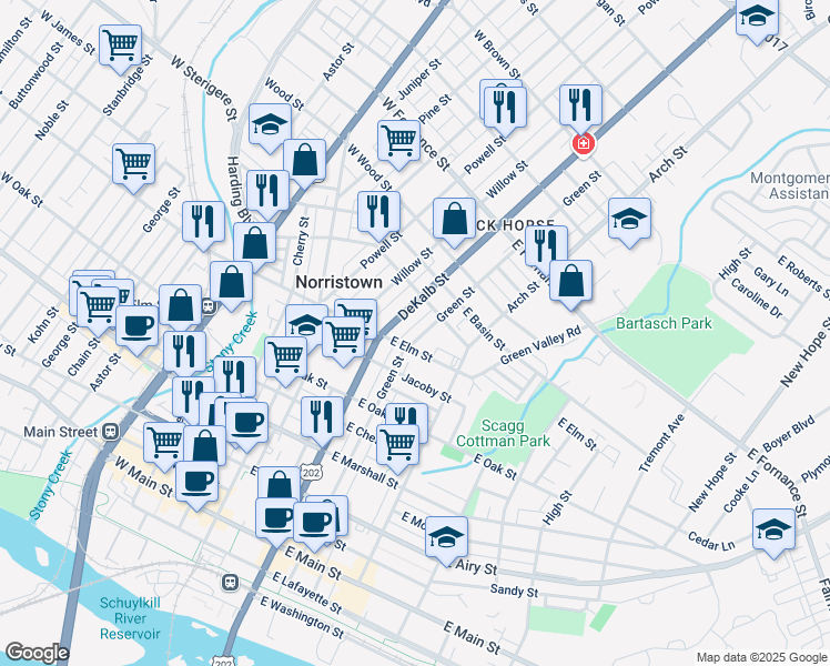 map of restaurants, bars, coffee shops, grocery stores, and more near 1023 U.S. 202 in Norristown