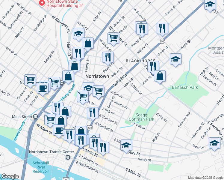 map of restaurants, bars, coffee shops, grocery stores, and more near 1023 U.S. 202 in Norristown