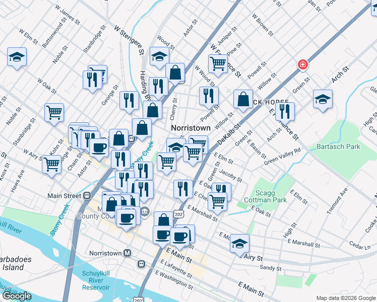 map of restaurants, bars, coffee shops, grocery stores, and more near in Norristown