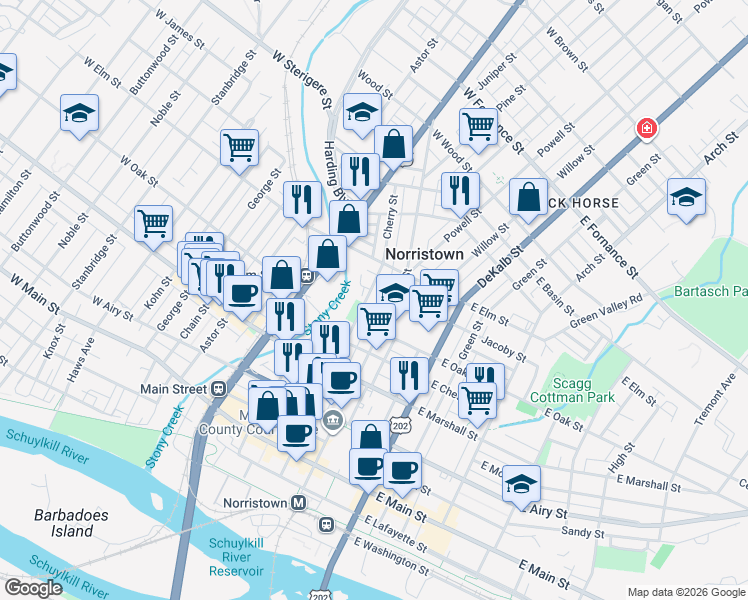 map of restaurants, bars, coffee shops, grocery stores, and more near in Norristown