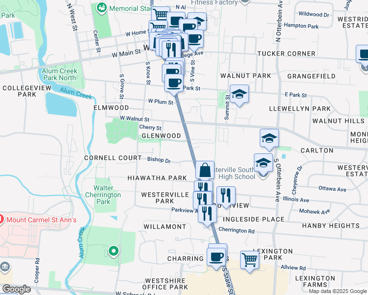 map of restaurants, bars, coffee shops, grocery stores, and more near in Westerville