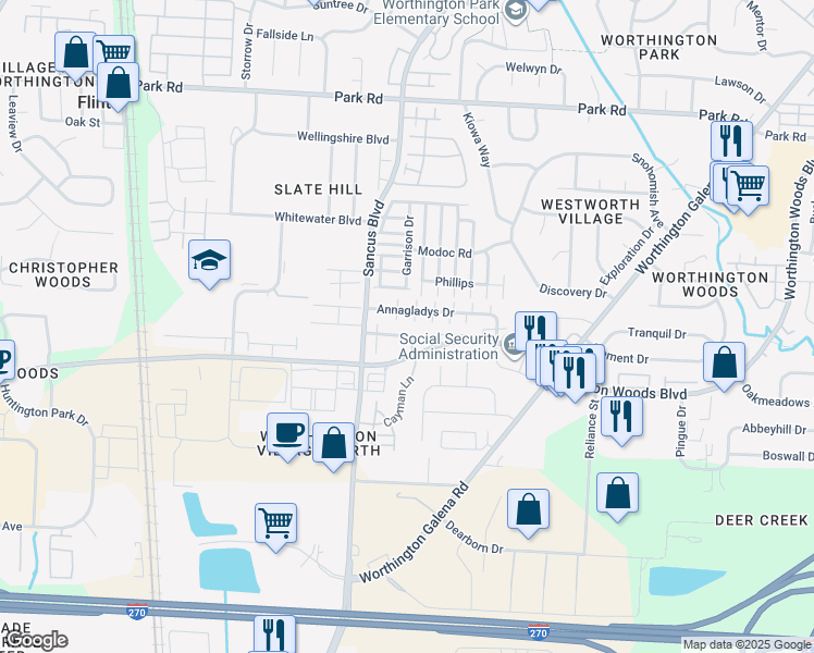 map of restaurants, bars, coffee shops, grocery stores, and more near 861 Annagladys Drive in Columbus
