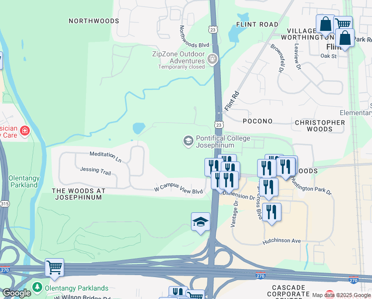 map of restaurants, bars, coffee shops, grocery stores, and more near 7625 North High Street in Columbus