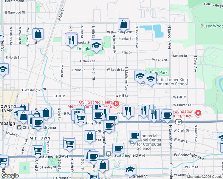 map of restaurants, bars, coffee shops, grocery stores, and more near 1412 West Beslin Street in Urbana