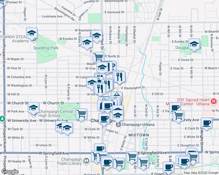 map of restaurants, bars, coffee shops, grocery stores, and more near 512 North Hickory Street in Champaign