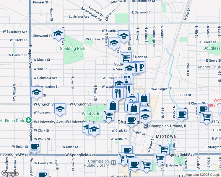 map of restaurants, bars, coffee shops, grocery stores, and more near 212 West Washington Street in Champaign