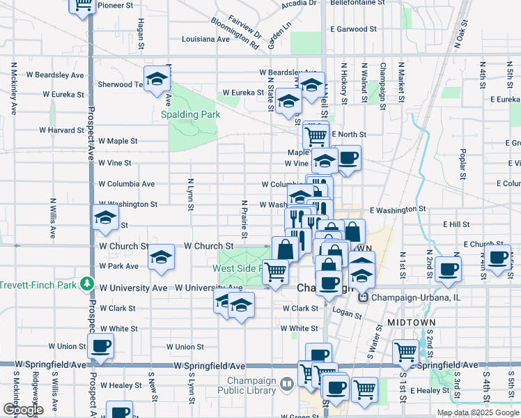 map of restaurants, bars, coffee shops, grocery stores, and more near 310 West Washington Street in Champaign