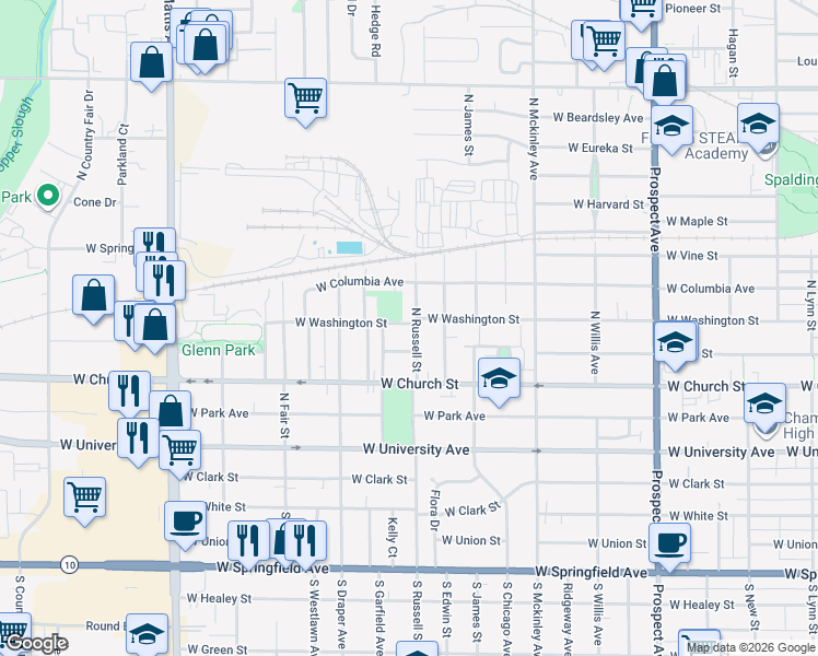 map of restaurants, bars, coffee shops, grocery stores, and more near 503 North Russell Street in Champaign