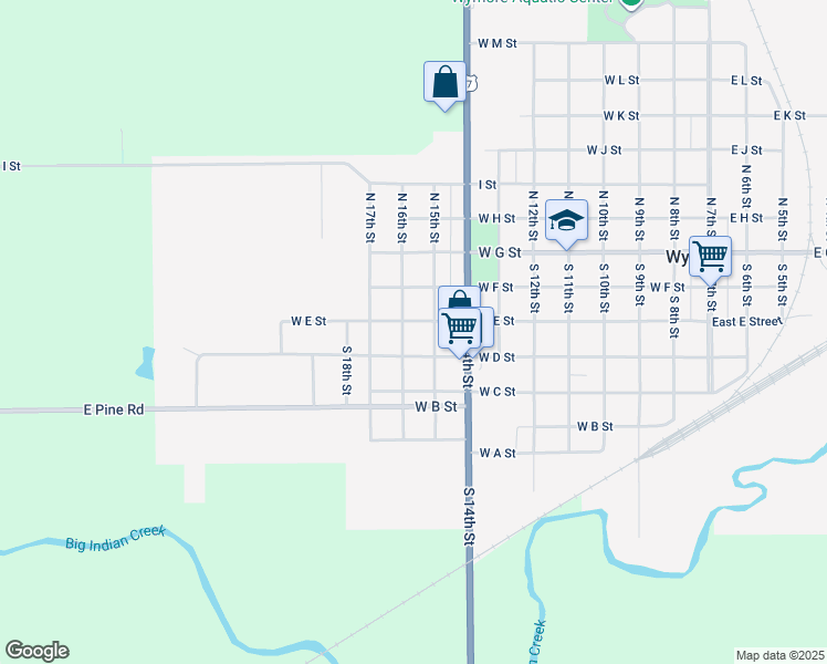 map of restaurants, bars, coffee shops, grocery stores, and more near 918 West E Street in Wymore
