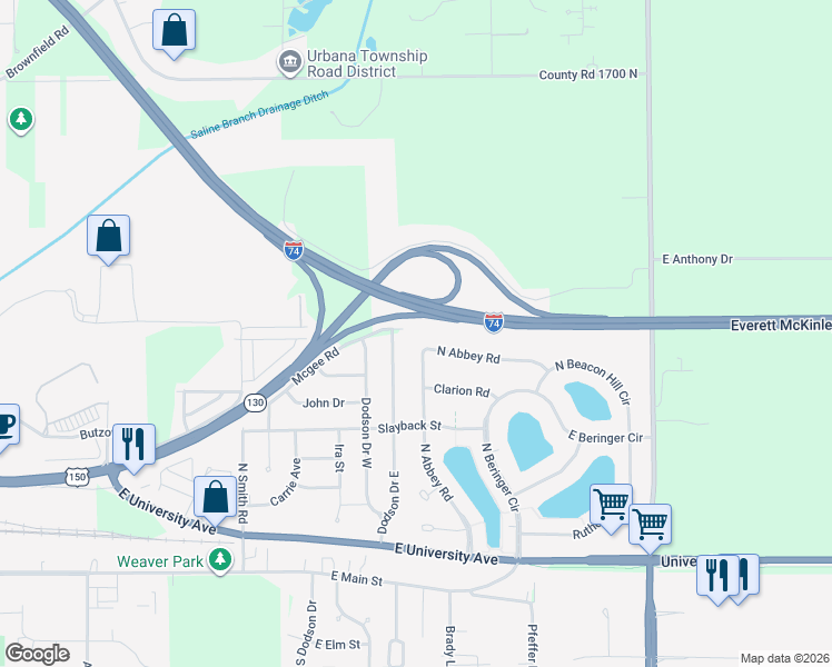 map of restaurants, bars, coffee shops, grocery stores, and more near 709 North Abbey Road in Urbana