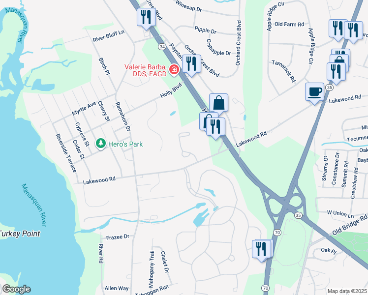 map of restaurants, bars, coffee shops, grocery stores, and more near 2446 Robin Way in Manasquan