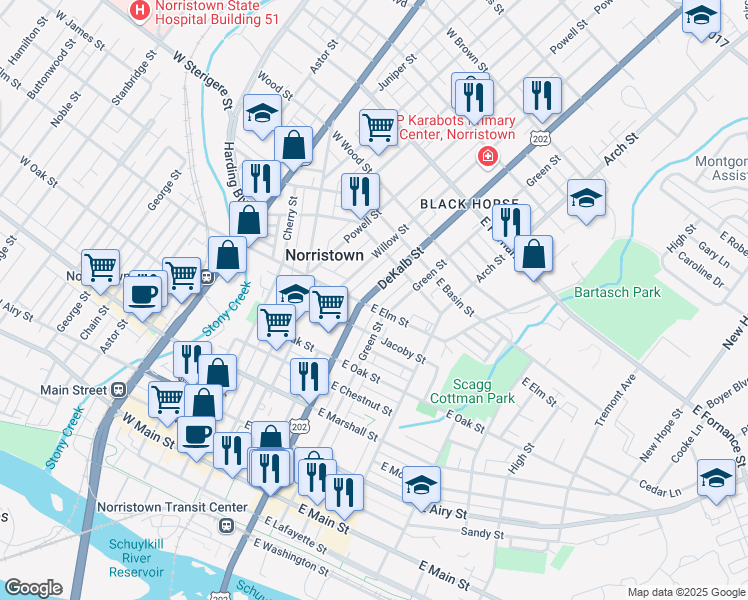 map of restaurants, bars, coffee shops, grocery stores, and more near 1000 DeKalb Street in Norristown