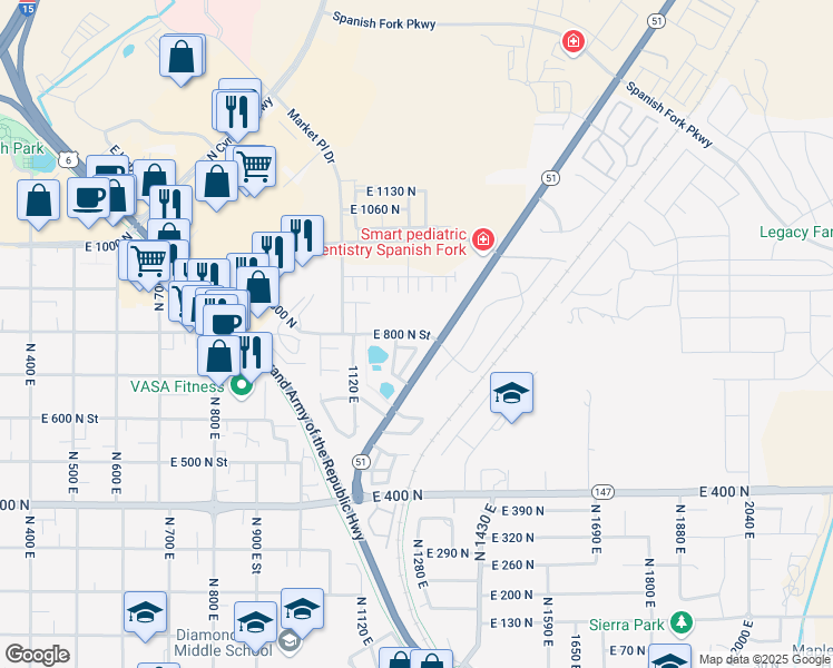map of restaurants, bars, coffee shops, grocery stores, and more near 1244 East 800 North in Spanish Fork