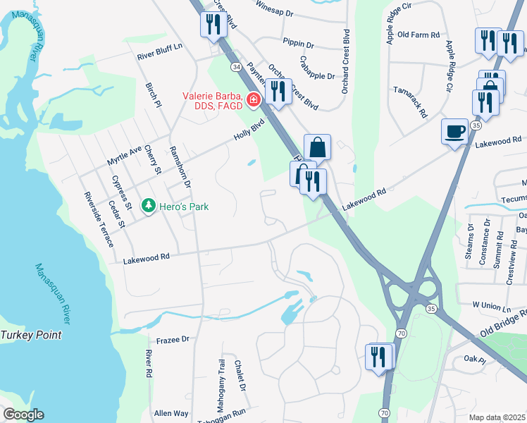 map of restaurants, bars, coffee shops, grocery stores, and more near Robin Way in Manasquan