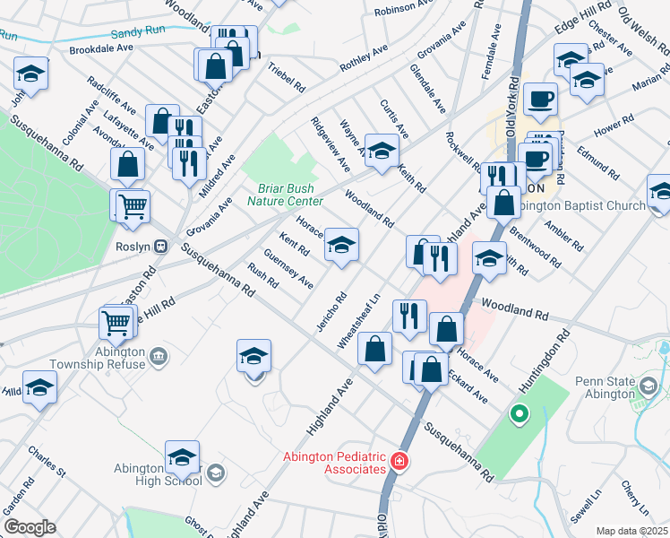 map of restaurants, bars, coffee shops, grocery stores, and more near 1173 Cumberland Road in Abington