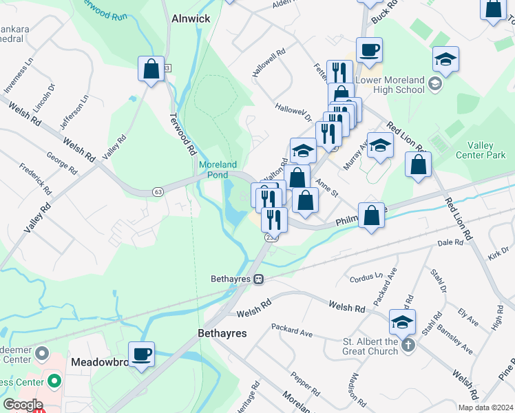 map of restaurants, bars, coffee shops, grocery stores, and more near 401 Carson Terrace in Montgomery County