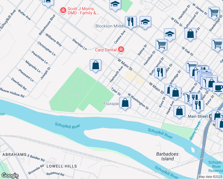 map of restaurants, bars, coffee shops, grocery stores, and more near 1248 Tyler Street in Norristown