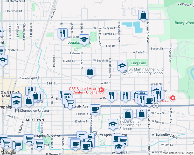 map of restaurants, bars, coffee shops, grocery stores, and more near 1412 West Beslin Street in Urbana