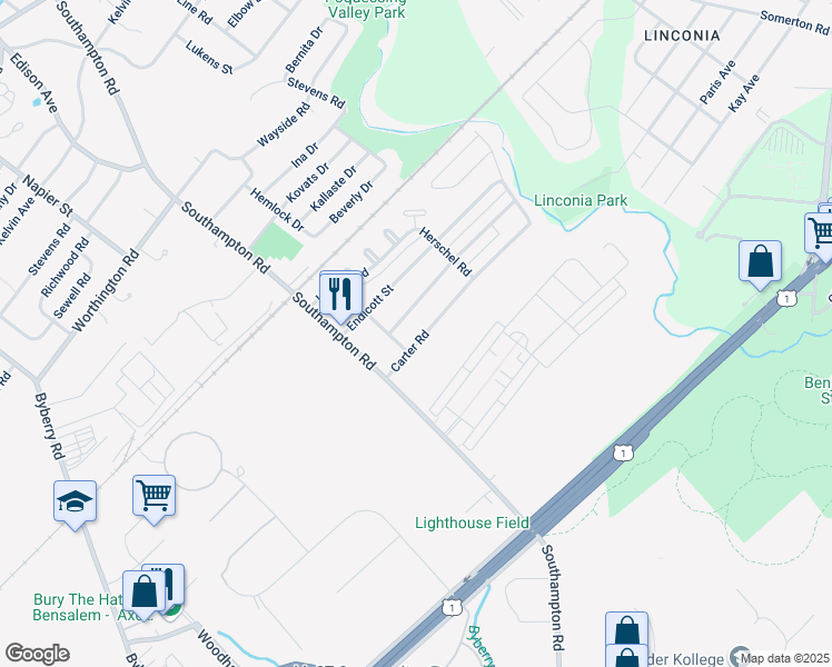 map of restaurants, bars, coffee shops, grocery stores, and more near 15020 Carter Road in Philadelphia