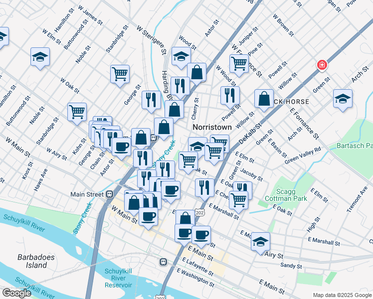 map of restaurants, bars, coffee shops, grocery stores, and more near 840 Cherry Street in Norristown