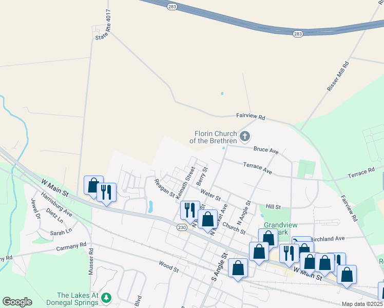 map of restaurants, bars, coffee shops, grocery stores, and more near 1126 Ashworth Street in Mount Joy
