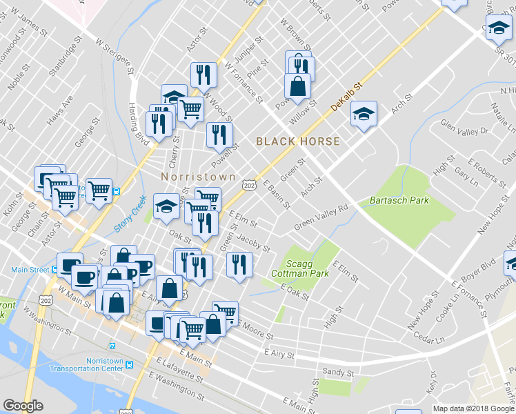 map of restaurants, bars, coffee shops, grocery stores, and more near 1040 Green Street in Norristown