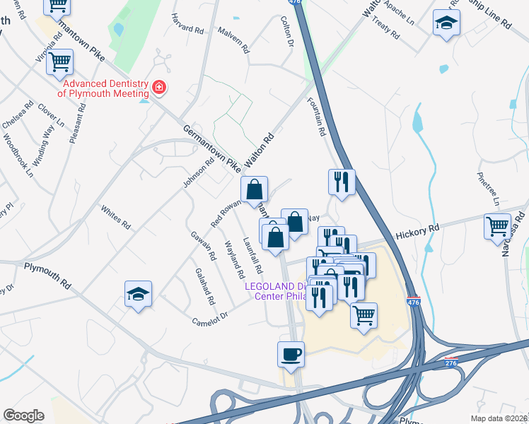 map of restaurants, bars, coffee shops, grocery stores, and more near 650 West Germantown Pike in Plymouth Meeting