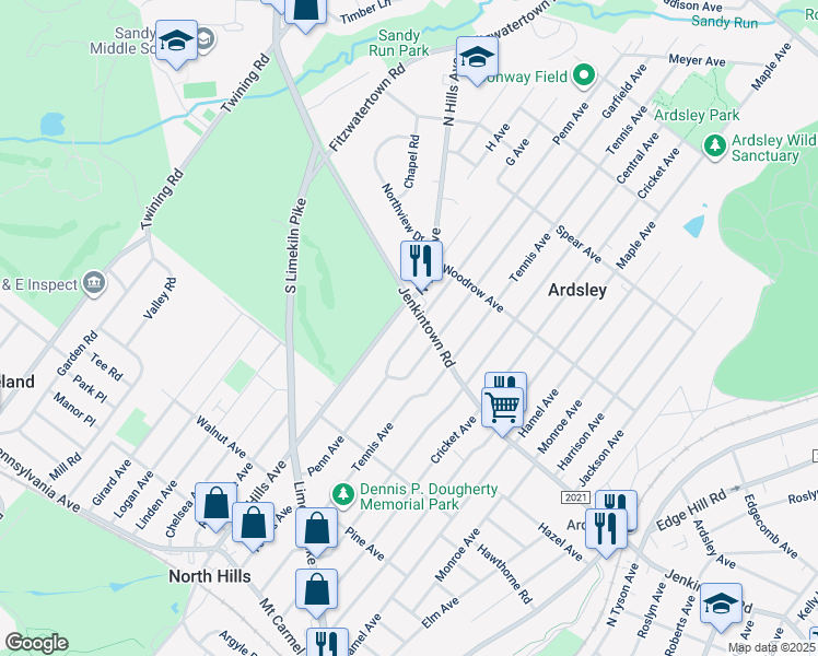 map of restaurants, bars, coffee shops, grocery stores, and more near 550 Penn Avenue in Glenside