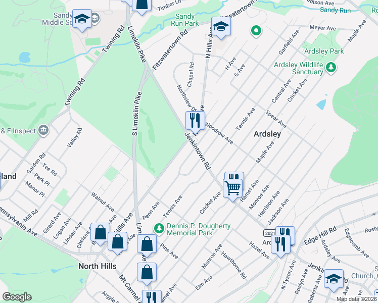 map of restaurants, bars, coffee shops, grocery stores, and more near 557 North Hills Avenue in Glenside