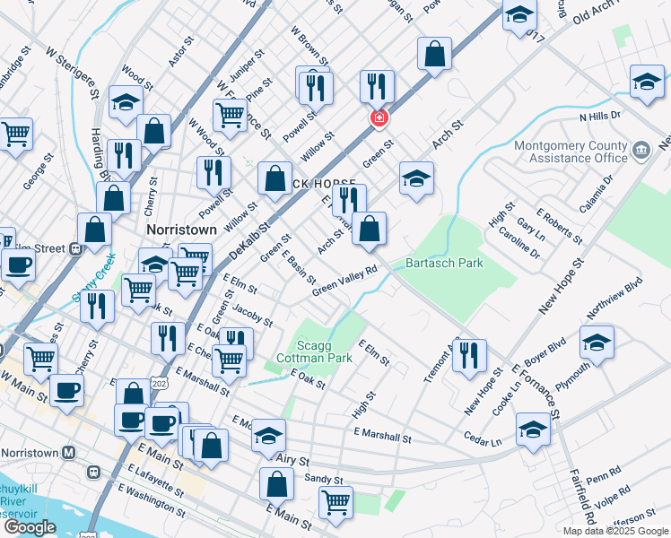 map of restaurants, bars, coffee shops, grocery stores, and more near 321 East Wood Street in Norristown