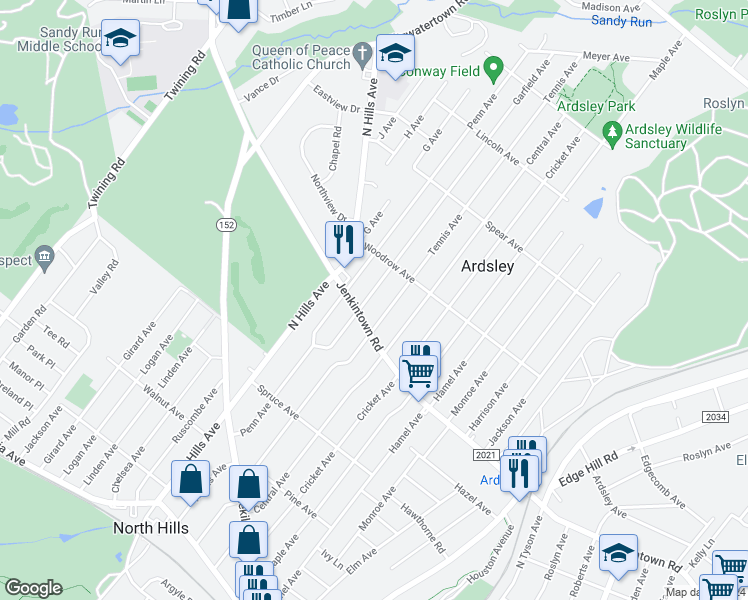 map of restaurants, bars, coffee shops, grocery stores, and more near 611 Garfield Avenue in Glenside