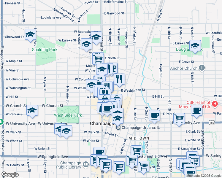map of restaurants, bars, coffee shops, grocery stores, and more near 512 North Hickory Street in Champaign