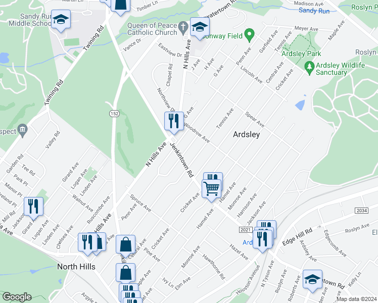 map of restaurants, bars, coffee shops, grocery stores, and more near 611 Garfield Avenue in Glenside