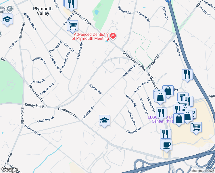 map of restaurants, bars, coffee shops, grocery stores, and more near 1907 Johnson Road in Plymouth Meeting