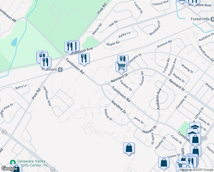 map of restaurants, bars, coffee shops, grocery stores, and more near 110 Tomlinson Road in Philadelphia