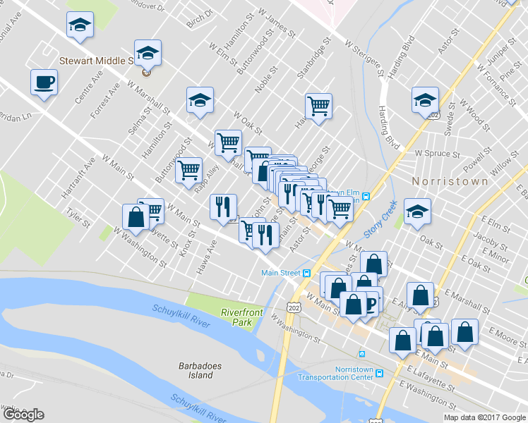 map of restaurants, bars, coffee shops, grocery stores, and more near 542 Kohn Street in Norristown