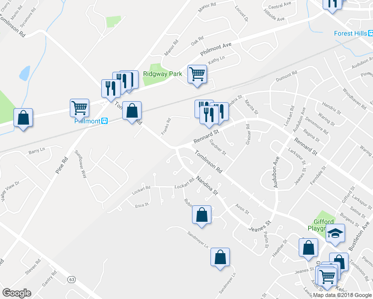 map of restaurants, bars, coffee shops, grocery stores, and more near 15 Tomlinson Road in Montgomery County