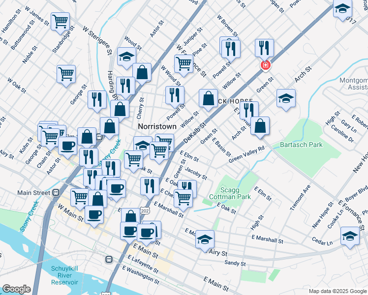 map of restaurants, bars, coffee shops, grocery stores, and more near 1023 U.S. 202 in Norristown