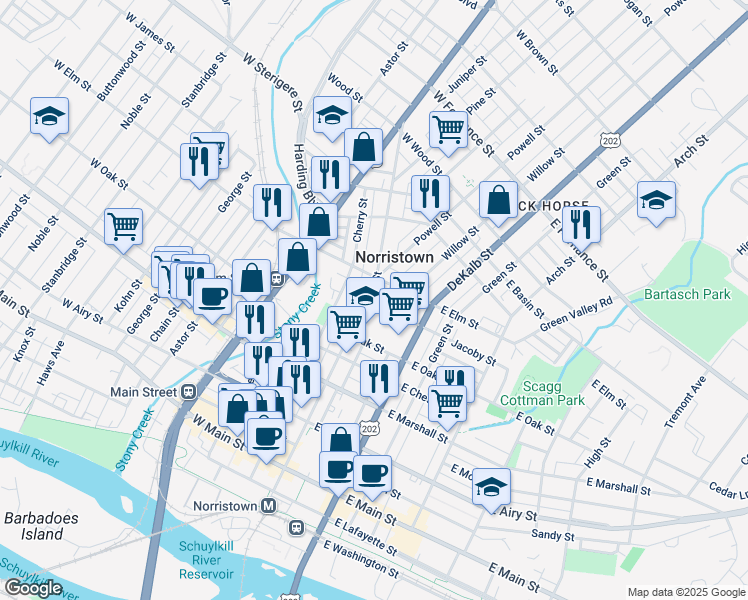 map of restaurants, bars, coffee shops, grocery stores, and more near in Norristown