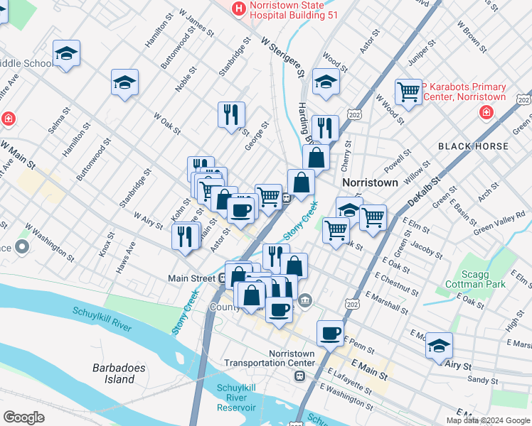 map of restaurants, bars, coffee shops, grocery stores, and more near 657 Astor Alley in Norristown