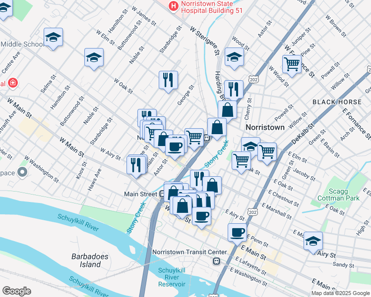 map of restaurants, bars, coffee shops, grocery stores, and more near 657 Astor Alley in Norristown
