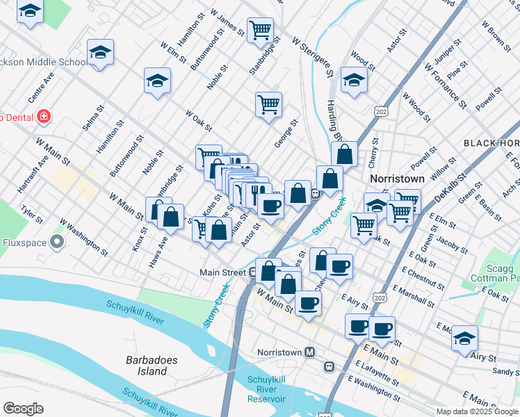 map of restaurants, bars, coffee shops, grocery stores, and more near 631 Astor Street in Norristown