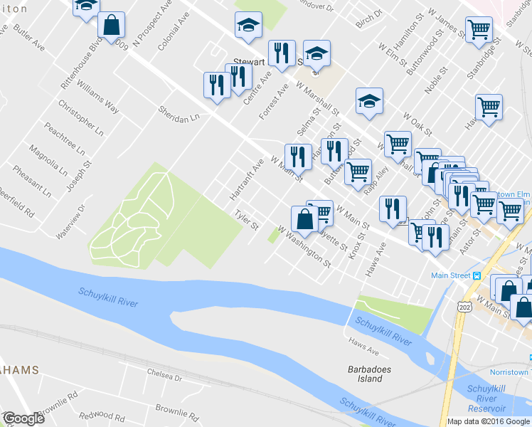 map of restaurants, bars, coffee shops, grocery stores, and more near 1215 West Washington Street in Norristown