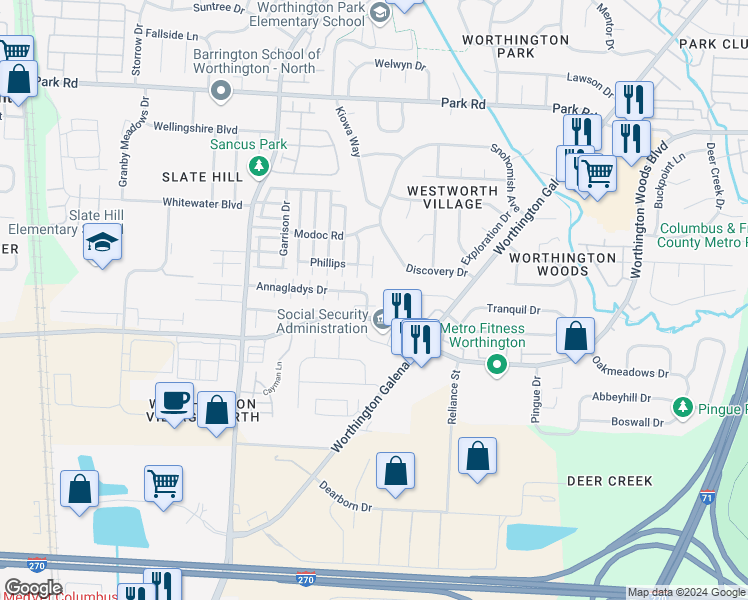 map of restaurants, bars, coffee shops, grocery stores, and more near 990 Annagladys Drive in Columbus