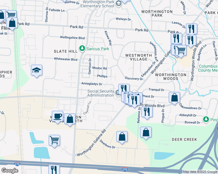 map of restaurants, bars, coffee shops, grocery stores, and more near 990 Annagladys Drive in Columbus