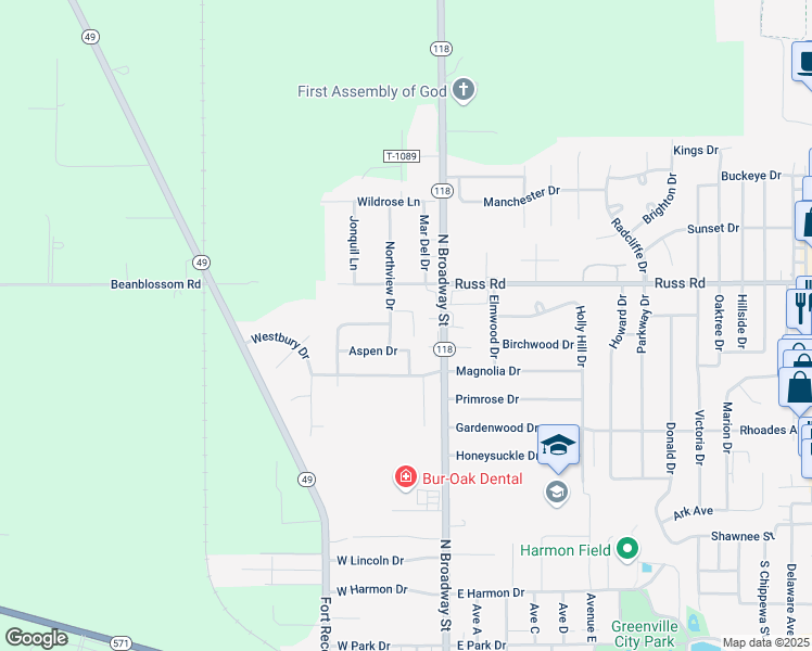 map of restaurants, bars, coffee shops, grocery stores, and more near 1275 Northview Drive in Greenville
