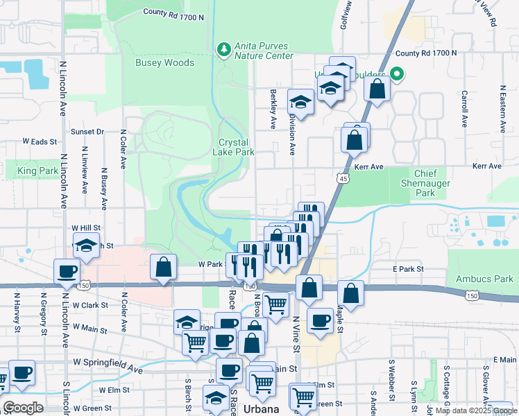 map of restaurants, bars, coffee shops, grocery stores, and more near 904 North Broadway Avenue in Urbana