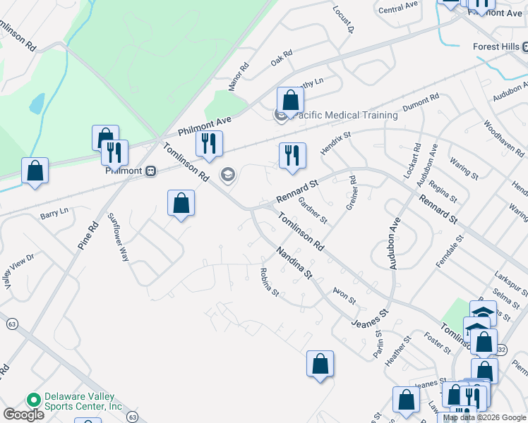 map of restaurants, bars, coffee shops, grocery stores, and more near 108 Tomlinson Road in Philadelphia