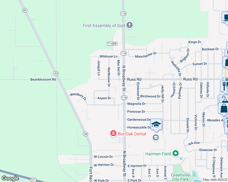 map of restaurants, bars, coffee shops, grocery stores, and more near 1275 Northview Drive in Greenville