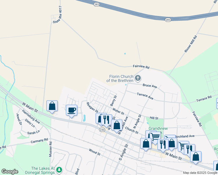 map of restaurants, bars, coffee shops, grocery stores, and more near 1127 Collina Lane in Mount Joy